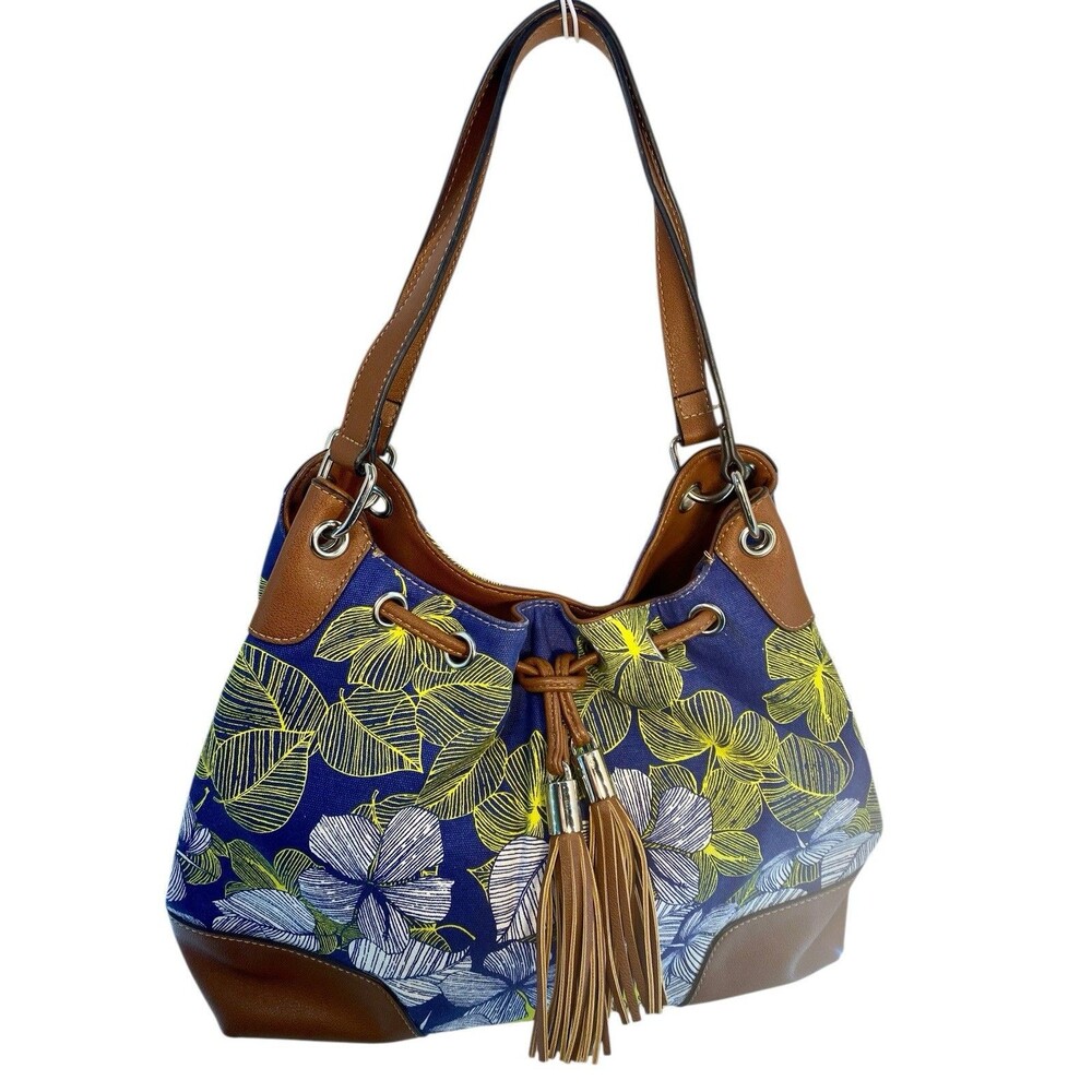 Vintage Chaps Tote Handbag Blue Yellow Floral Canvas Tassel